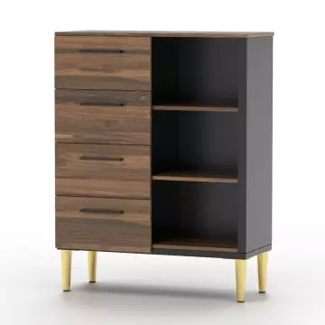 Chest of drawers with open shelves in dark oak and black on gold legs