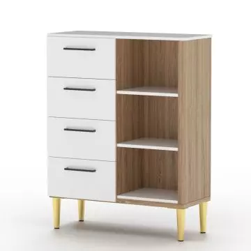 White and oak chest with four drawers and three shelves on gold legs
