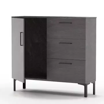Modern dark gray wooden cabinet with three drawers and an open storage compartment  featuring sleek black handles and legs.