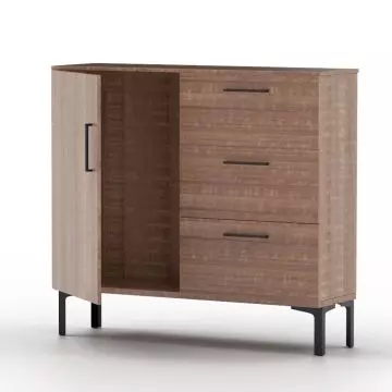 Brown oak chest with three right side drawers and open left cabinet on black legs