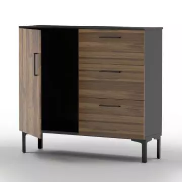 dark oak and black chest with left door open and three drawers