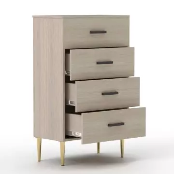 Beige grey oak 4 drawer chest with black handles and gold legs