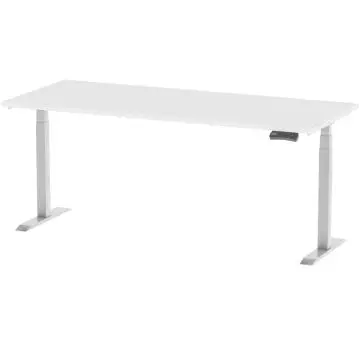 White electric standing desk with dual motor T legs and control keypad