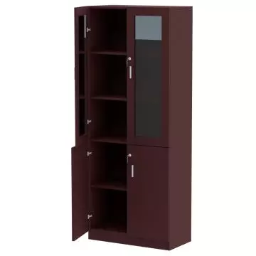 Brown wooden storage cabinet with multiple shelves and glass panel doors  partially open to show interior space.