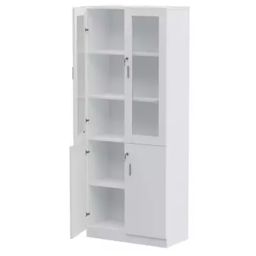 White wooden storage cabinet with two glass-paneled upper doors and two solid lower doors  featuring multiple shelves inside.