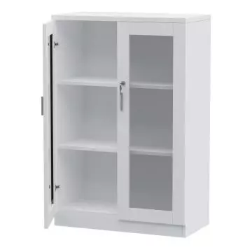 Mahmayi Carre 120 white medium height cabinet with one door open revealing three internal shelves and glass door panel with key lock
