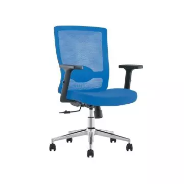 SleekLine T01B blue medium back ergonomic mesh office chair with chrome five-star base and adjustable armrests shown at angle