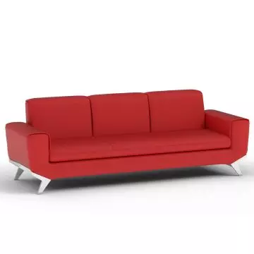 Red three seater PU leatherette sofa with angular metal legs