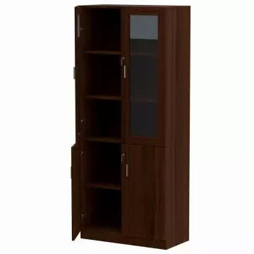 Tall wooden cabinet with dark brown finish  featuring multiple shelves and three doors  including one with a frosted glass panel.