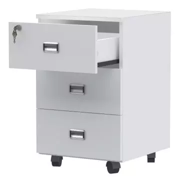 Stazion 3 drawer mobile storage unit in premium white with top drawer open showing lock and metal slide rails