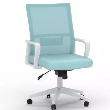 Mahmayi TJ HY-690W medium back mesh office chair in mint blue with white frame and five-star base