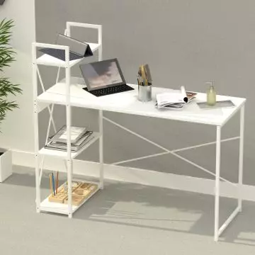 Mahmayi ZCD-27W white computer desk with 4-tier side storage shelves styled with laptop and stationery in a modern home office setting