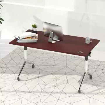 Cherry top foldable desk on casters in a modern room