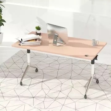 Oak top folding desk with white and chrome legs on casters in office setting
