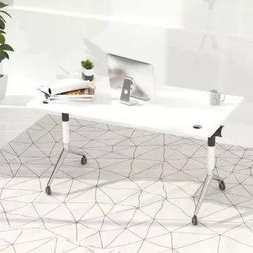 white flip top desk on casters with splayed metal legs in office