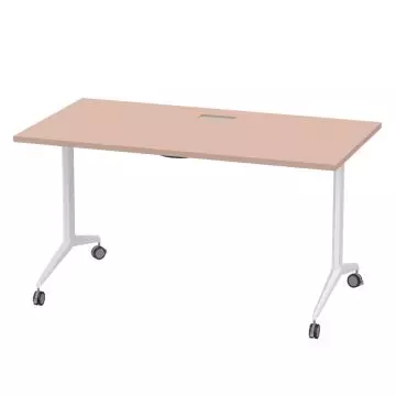 oak rectangular folding table with white T legs and casters