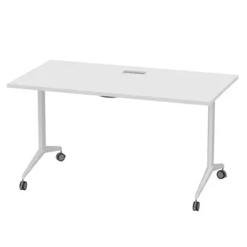 white folding table on wheels with cable grommet