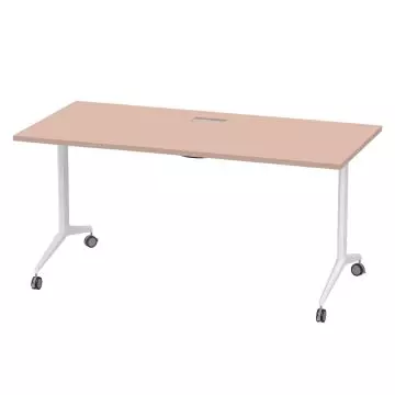 Oak top folding table with white T legs on caster wheels