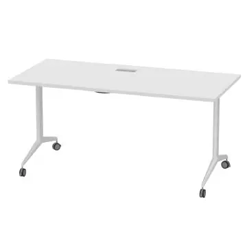 White folding table with T shaped legs and casters