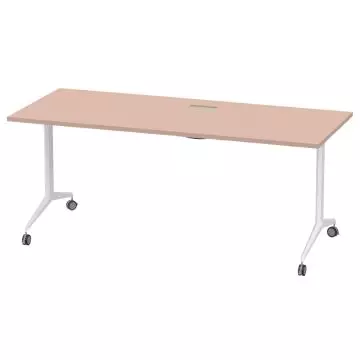 Oak top folding table on white frame with caster wheels