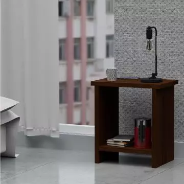 dark walnut nightstand with open shelf beside bed