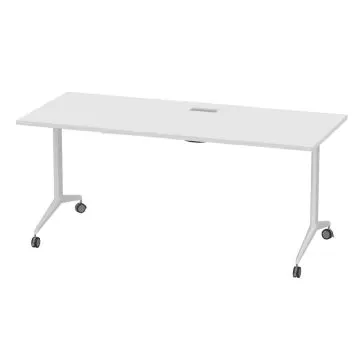 white folding office table with T legs and wheels