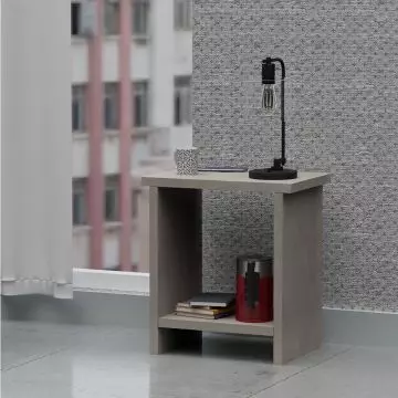 White concrete finish nightstand with open shelf and lamp