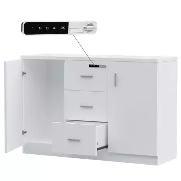 Mahmayi Carre 1147 white storage cabinet with left door open showing interior and bottom drawer pulled out with touch screen digital lock callout