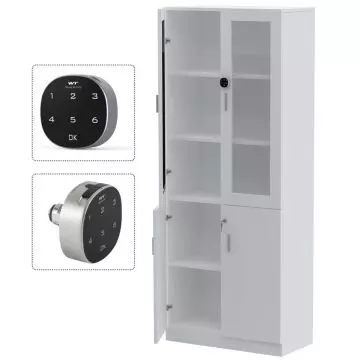 White wooden cabinet with multiple shelves and doors  featuring a digital keypad lock for security.