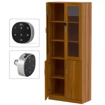 Wooden cabinet with glass doors and multiple shelves  featuring a digital keypad lock system shown in two close-up views.