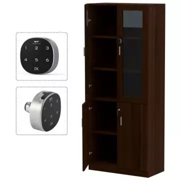 Tall dark wood cabinet with multiple shelves and a combination lock shown in detail.