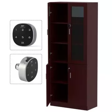 Tall dark wood cabinet with multiple shelves  locking doors  and close-up insets of a black and silver keypad lock.