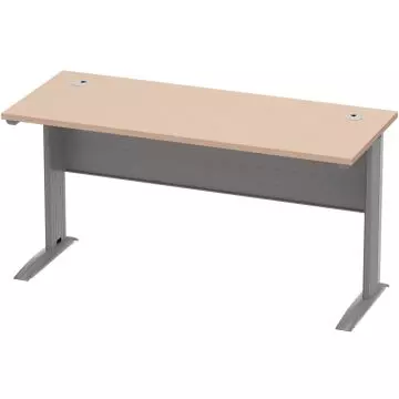 oak finish rectangular office desk with grey metal legs modesty panel and two cable grommets