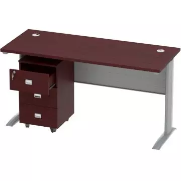 Stazion 1210 modern office desk in apple cherry finish with silver aluminium frame and open three-drawer mobile pedestal