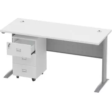 Stazion 1210 white office desk with silver aluminium frame and mobile 3-drawer pedestal unit on castors