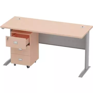 Stazion 1210 oak finish office desk with silver aluminium frame and mobile 3-drawer pedestal unit with lock