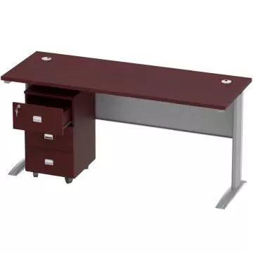 Stazion 1410 office desk in apple cherry finish with silver aluminium frame and mobile 3-drawer pedestal with open top drawer