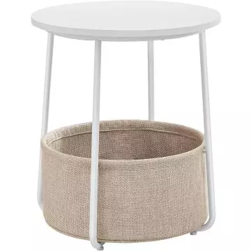 Round white side table with beige fabric basket