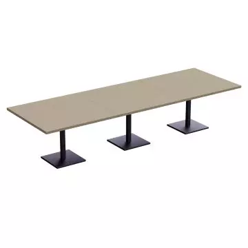 long rectangular linen tabletop with three black square pedestal bases