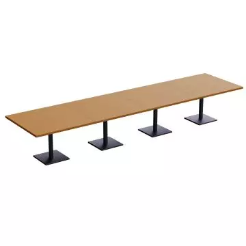 Long light walnut modular table with four black square pedestal bases