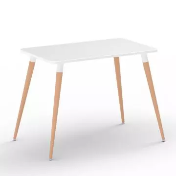 Cenare white rectangular dining table with natural beech wood legs on white background
