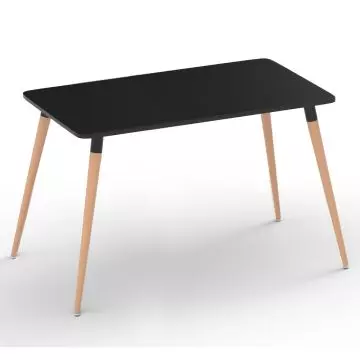 Cenare black rectangular dining table with angled natural wood legs on white background