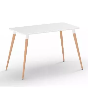Mahmayi Cenare white rectangular dining table with natural beech wood tapered legs on white background