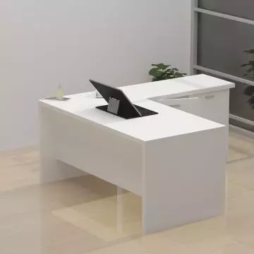 White L shaped executive desk with side cabinet in office setting