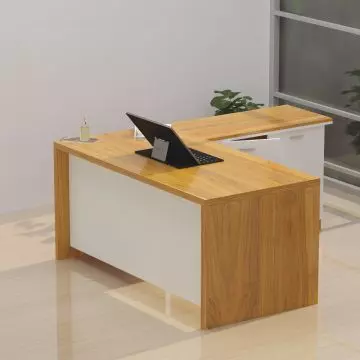 Light walnut and white L shaped executive desk with side return