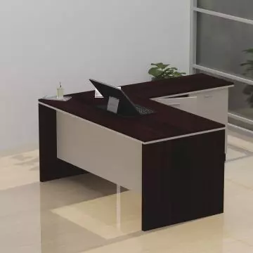 Dark walnut L shaped executive desk with side cabinet in office