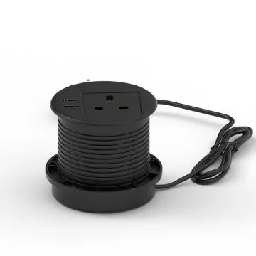 Mahmayi black recessed desk power socket with 1 AC outlet and 2 USB ports shown as standalone unit with coiled cable and plug