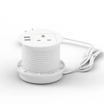 Mahmayi white recessed desk power socket with 1 AC outlet and 2 USB ports and coiled cable on white background