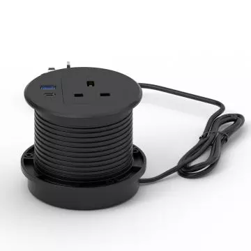 Mahmayi black recessed desk power socket with UK AC outlet USB-A and USB-C ports shown with coiled cable and mounting base