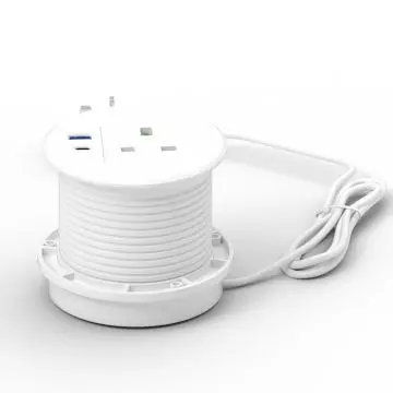 Mahmayi white recessed desk power socket with AC outlet USB-A and USB-C ports shown with 1.5m power cord coiled around cylindrical body